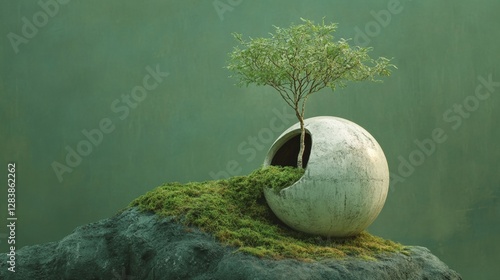 Eco-friendly funeral concept featuring a serene tree growing from a spherical urn surrounded by lush moss, symbolizing life and nature's harmony in remembrance