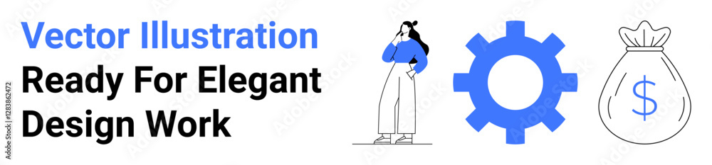 Female figure thinking, large gear focusing on systems, and money bag symbolizing financial goals. Ideal for business growth, entrepreneurship, innovation, strategy, productivity, automation flat Female figure thinking, large gear focusing on systems, and money bag symbolizing financial goals. Ideal for business growth, entrepreneurship, innovation, strategy, productivity, automation flat