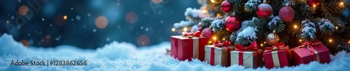 A snow-covered Christmas tree with presents under its branches, Colorful Ornaments, Bright Lights