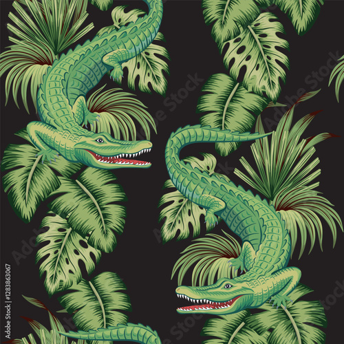 Crocodile animal, tropical palm leaves seamless pattern black background. Jungle wallpaper.