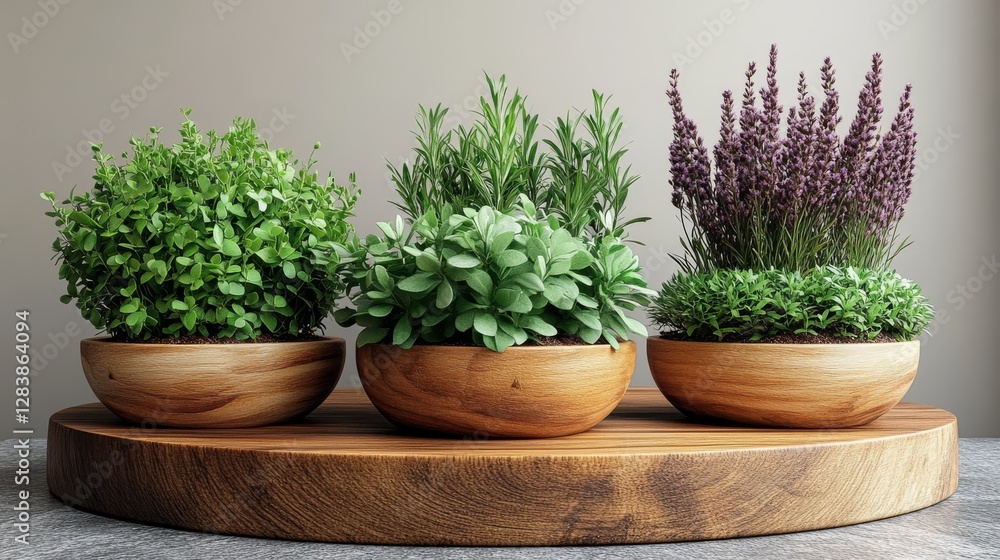 Fototapeta premium Three potted herbs (lavender, rosemary, thyme) on wooden tray.
