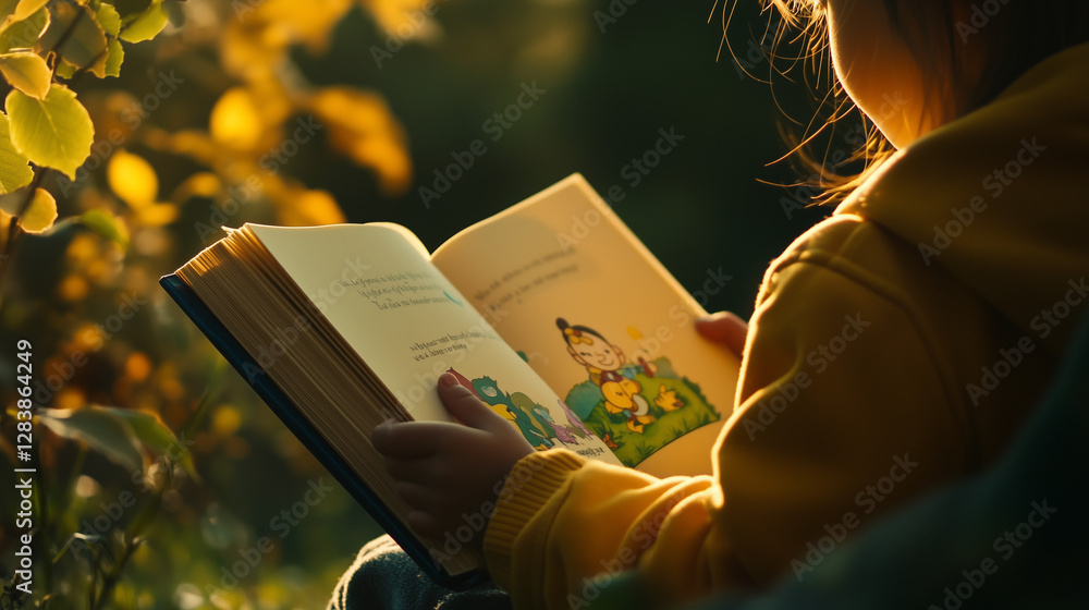 Obraz premium World Children's Book Day, close-up photography of a child reading a book with a green park background, an open book with a cheerful cartoon character on the page, ai generated images.