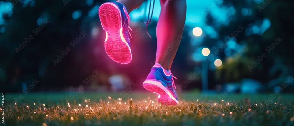 Nighttime running event urban park sports photography vibrant atmosphere close-up view health and fitness concept