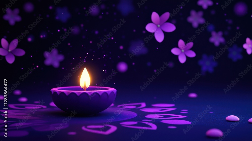 Illuminated Purple Candle with Petals Floating in Dark Background, Ideal for Celebrations, Rituals, or Artistic Displays of Serenity and Elegance Illuminated Purple Candle with Petals Floating in Dark Background, Ideal for Celebrations, Rituals, or Artistic Displays of Serenity and Elegance