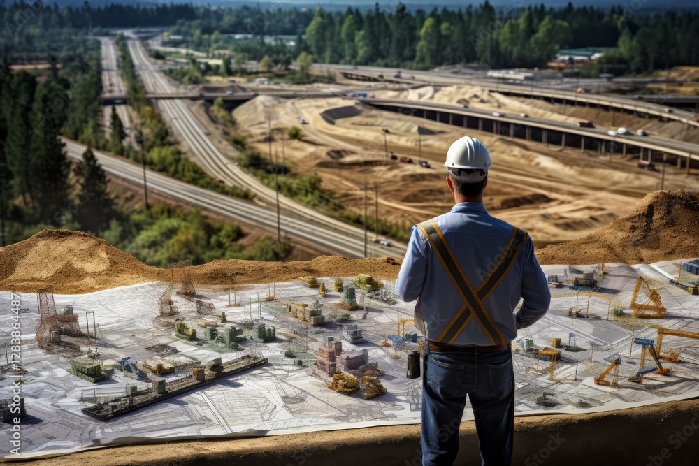 Construction supervision at urban development site cityscape image of engineer overseeing progress outdoor aerial view infrastructure growth
