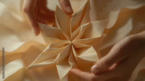 Hands carefully unfolding a meticulously folded star-shaped origami paper creation, bathed in soft light.