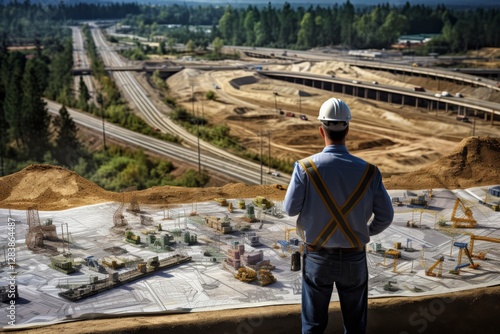 Obraz na płótnie Construction supervision at urban development site cityscape image of engineer overseeing progress outdoor aerial view infrastructure growth w salonie