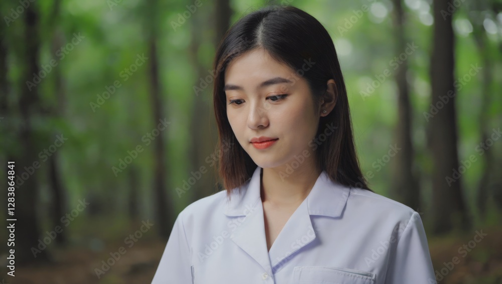 Woman in lab coat in forest; contemplation, possible scientific research Woman in lab coat in forest; contemplation, possible scientific research