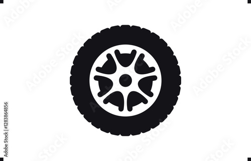 Black rubber wheel tire design. Wheel tires. Car tire tread tracks, Mini Van racing wheel mascot design. Tyres road maintenance vector automobile. Auto Van wheel tyre. Vector illustration rim design