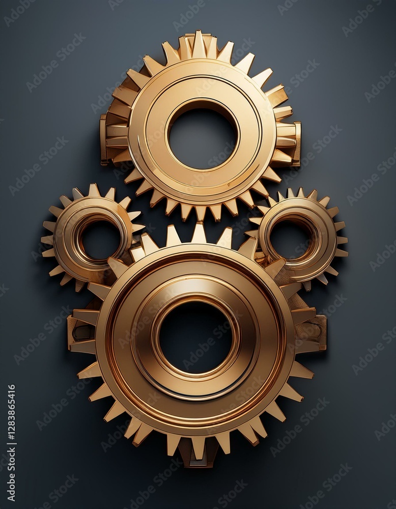 3D computer generated image of three connecting gear on dark gray background, copy space, wallpaper design. Generated image 3D computer generated image of three connecting gear on dark gray background, copy space, wallpaper design. Generated image