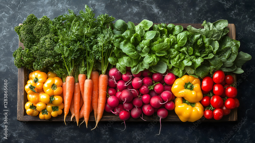 A vibrant assortment of fresh organic vegetables arranged on a rustic wooden board A vibrant assortment of fresh organic vegetables arranged on a rustic wooden board
