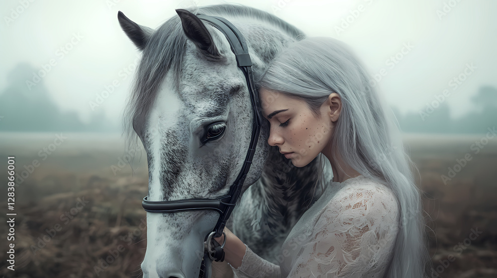 Obraz premium Freckled gray haired woman with her horse