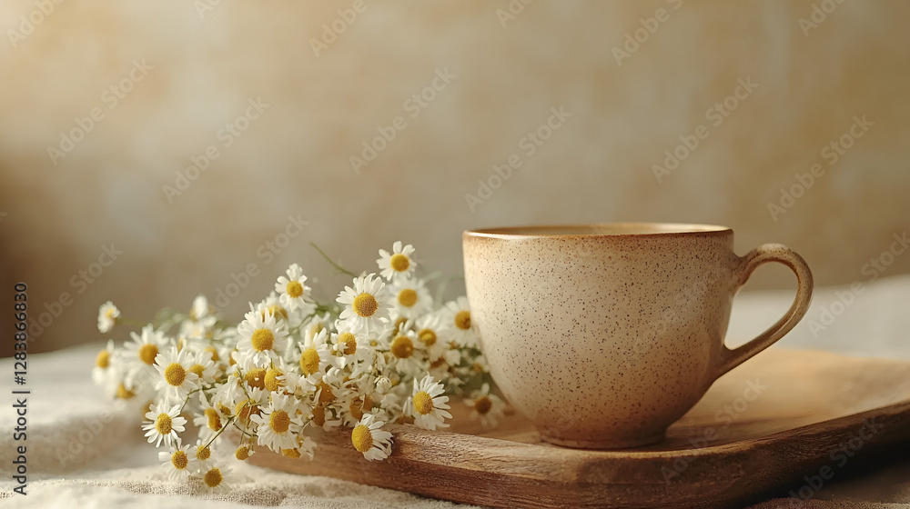 Tranquil still life of herbal tea and chamomile flowers on a wooden board in soft, natural light. Tranquil still life of herbal tea and chamomile flowers on a wooden board in soft, natural light.