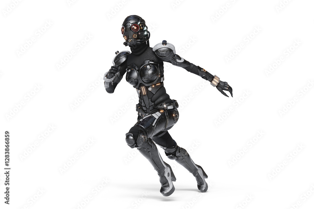 Sci-fi female cyborg wears shiny black grey metallic armor suit, helmet with red glowing lens goggles, high heels in dynamic running pose. Concept art futuristic soldier. 3d render on white background Sci-fi female cyborg wears shiny black grey metallic armor suit, helmet with red glowing lens goggles, high heels in dynamic running pose. Concept art futuristic soldier. 3d render on white background