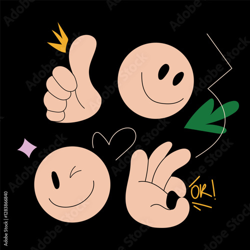 Doodle emoji pack of 4 on a cram and black background in retro style with face emojis and hand signs