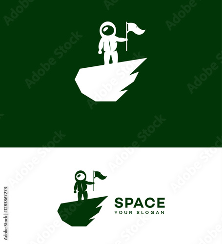 Astronaut on Moon, Planting Flag, Space Exploration Logo Design
