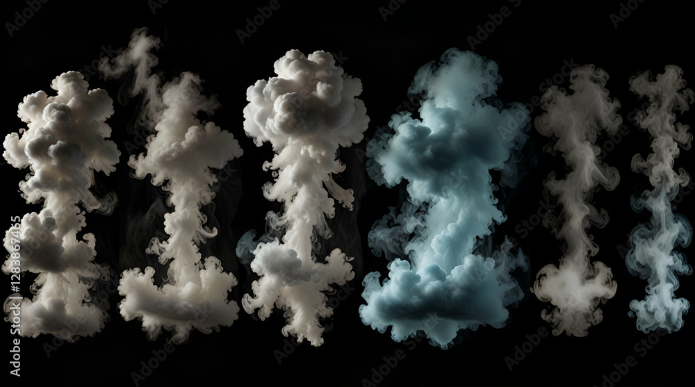 Wide design of set of smoke or steam clouds over black background,generative.ai Wide design of set of smoke or steam clouds over black background,generative.ai