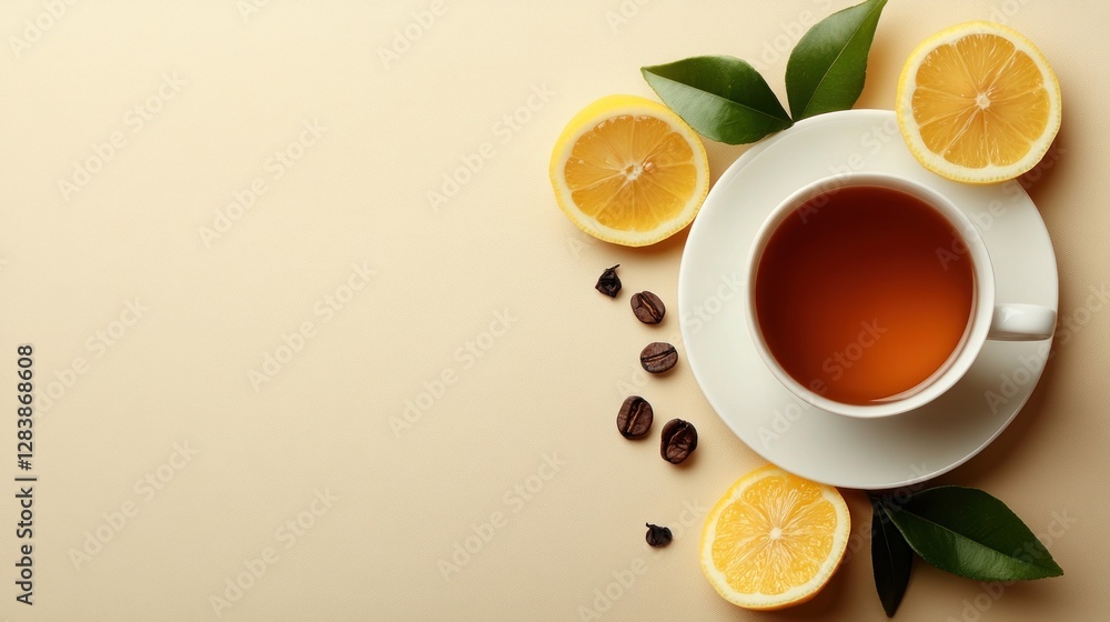 A cup of tea surrounded by lemon slices and coffee beans on a neutral background. A cup of tea surrounded by lemon slices and coffee beans on a neutral background.