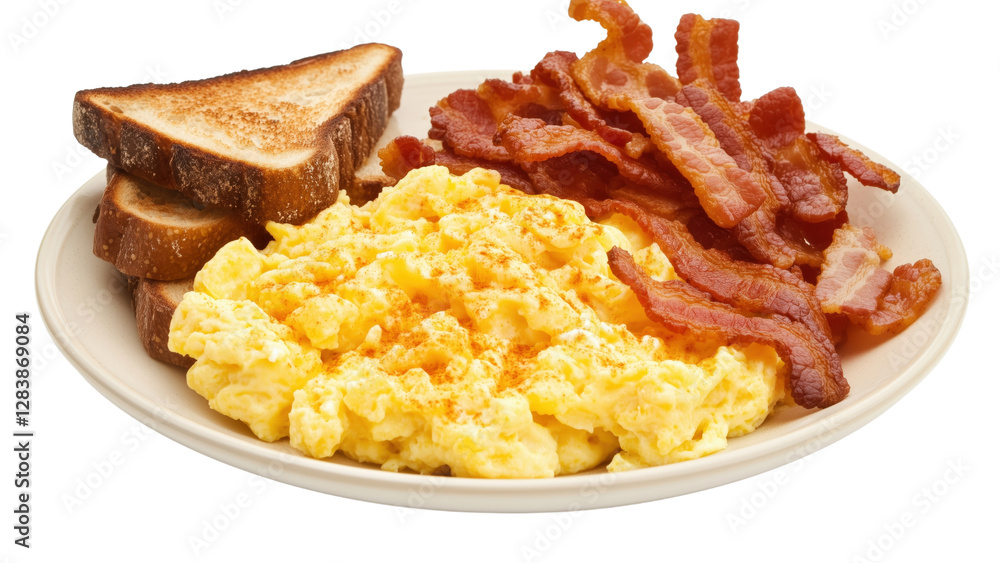A plate of fluffy scrambled eggs with crispy bacon and buttered toast