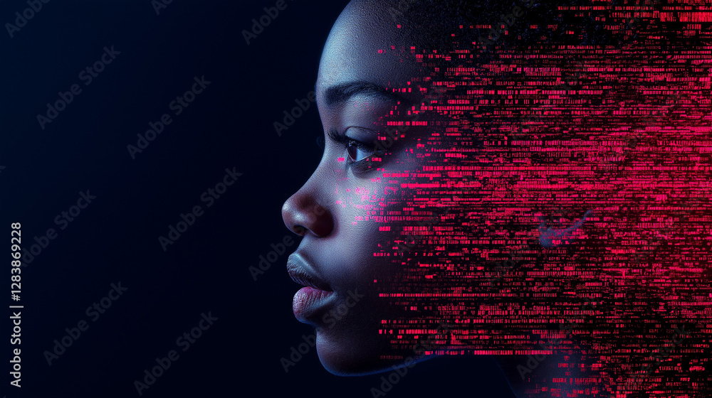 Digital Dreamer: A striking portrait of a young woman, her face subtly illuminated against a dark backdrop, with data streams dissolving into digital artistry. Digital Dreamer: A striking portrait of a young woman, her face subtly illuminated against a dark backdrop, with data streams dissolving into digital artistry.