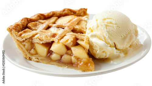 A warm apple pie slice with a scoop of vanilla ice cream melting on top 
