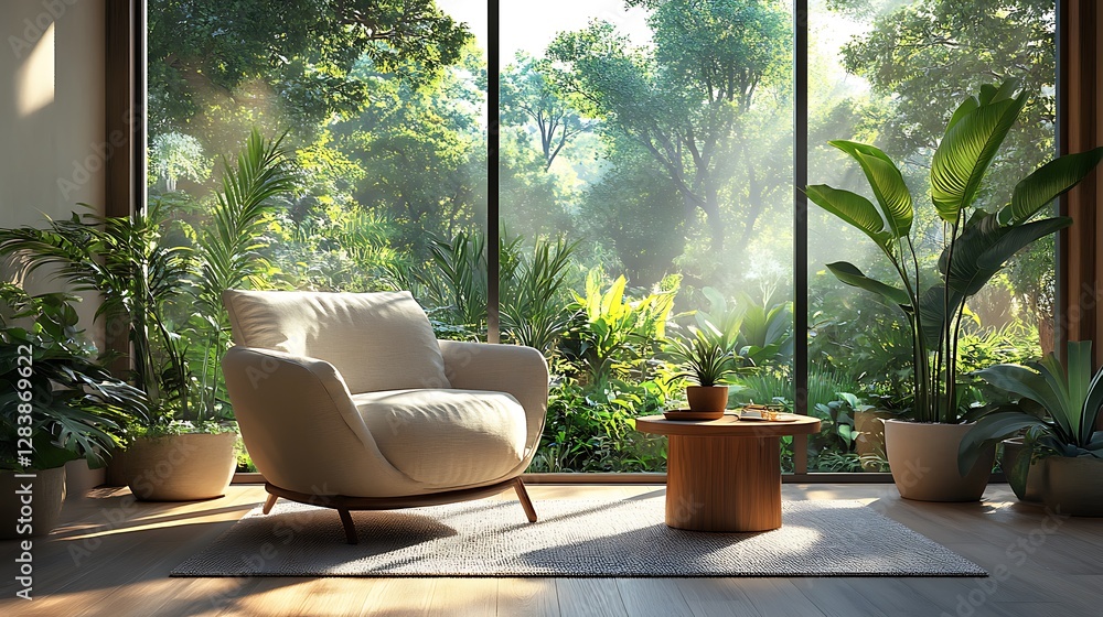 A stylish indoor garden-inspired living room with a comfortable armchair, a small wooden coffee table, and tall potted plants near a wide glass wall showcasing a lush, sunny garden, A stylish indoor garden-inspired living room with a comfortable armchair, a small wooden coffee table, and tall potted plants near a wide glass wall showcasing a lush, sunny garden,