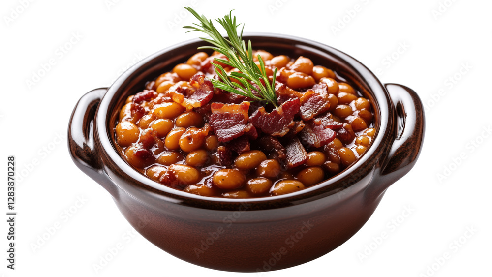 A serving of baked beans with smoky bacon and molasses sauce A serving of baked beans with smoky bacon and molasses sauce