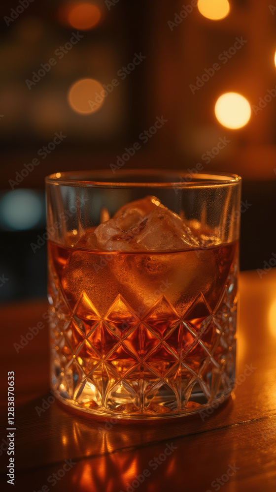 glass of whiskey with ice, illuminated by warm bokeh lights glass of whiskey with ice, illuminated by warm bokeh lights