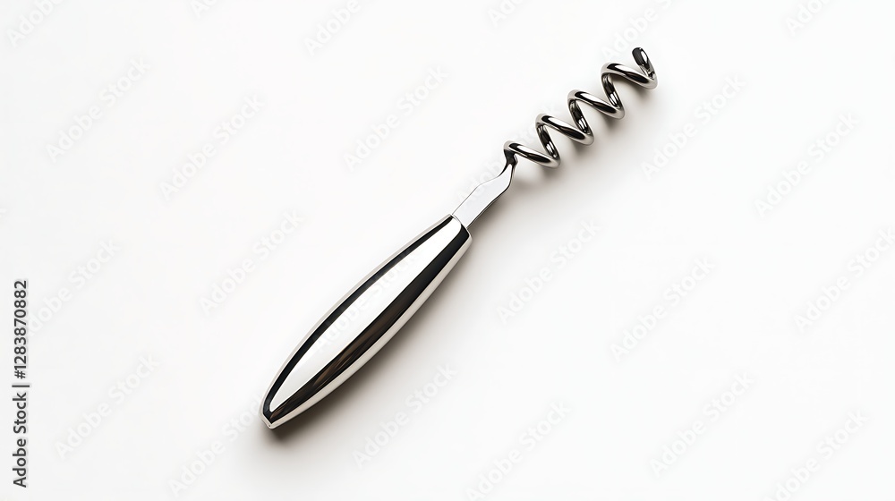 Stylish Silver Corkscrew with Spiral Design on White Background for Kitchen and Bar Use Stylish Silver Corkscrew with Spiral Design on White Background for Kitchen and Bar Use