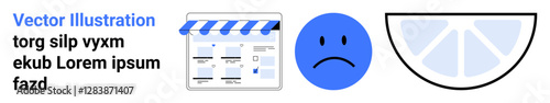 Blue storefront with striped awning next to a sad face emotion and a lemon slice illustration. Ideal for business, e-commerce, emotion, food, web design, marketing, advertisements. Landing page