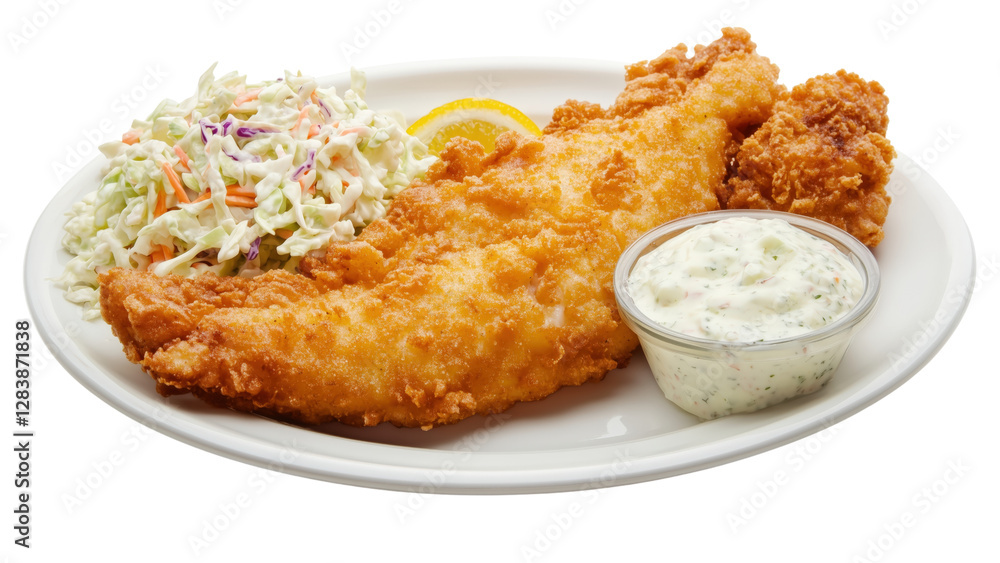 A plate of fried catfish with tartar sauce and coleslaw A plate of fried catfish with tartar sauce and coleslaw