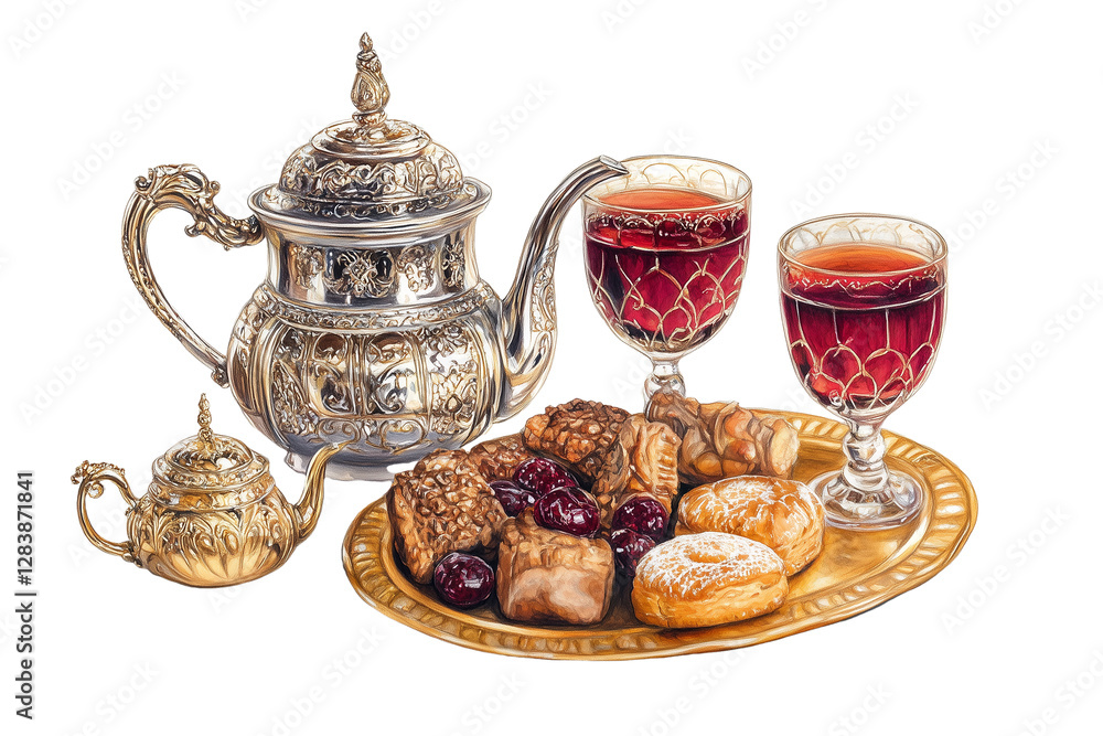 Fototapeta premium Traditional Moroccan Tea Service with a Silver Teapot Isolated on a Transparent Background