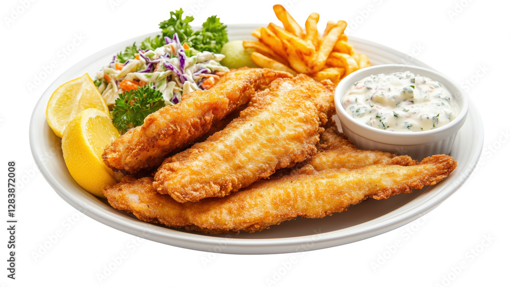 A plate of fried catfish with tartar sauce and coleslaw A plate of fried catfish with tartar sauce and coleslaw
