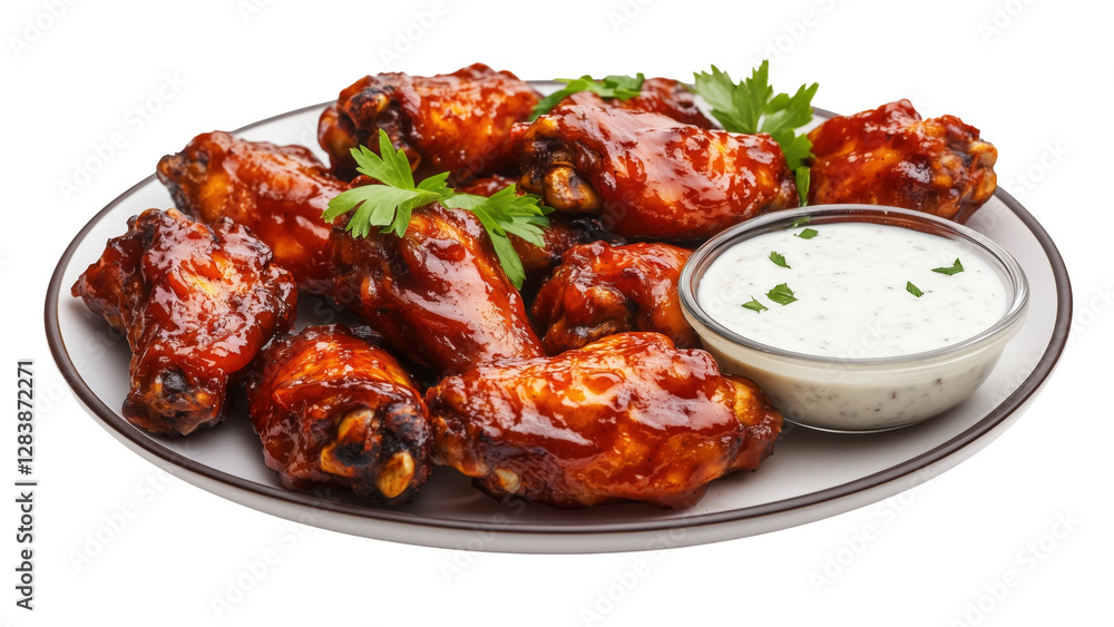 A plate of barbecue chicken wings with a side of ranch