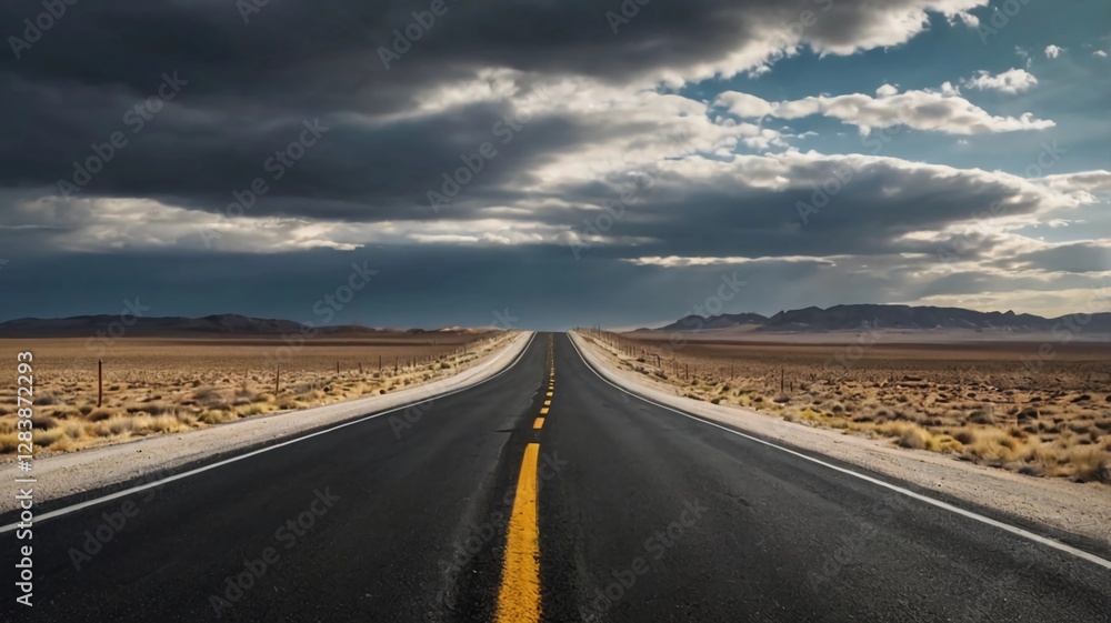 A long, empty road stretching through a barren, hilly landscape under a cloudy sky A long, empty road stretching through a barren, hilly landscape under a cloudy sky