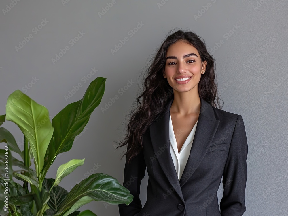 Elegant business woman in a sleek suit smiling confidently at the camera, with a lush green plant on a grey background, embodying professional chic. Elegant business woman in a sleek suit smiling confidently at the camera, with a lush green plant on a grey background, embodying professional chic.
