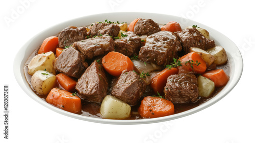 A serving of tender pot roast with carrots, potatoes, and onions