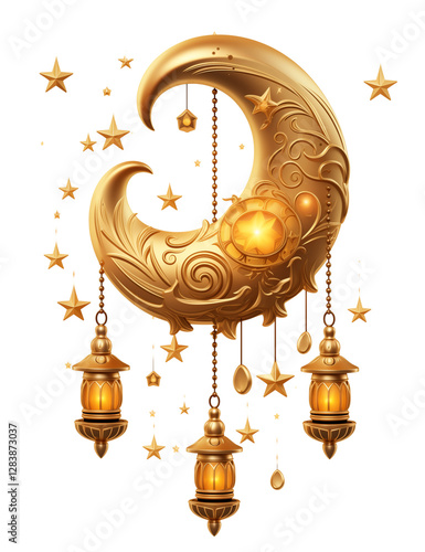 Golden Crescent Moon with Hanging Lanterns, Isolated on a Transparent Background  