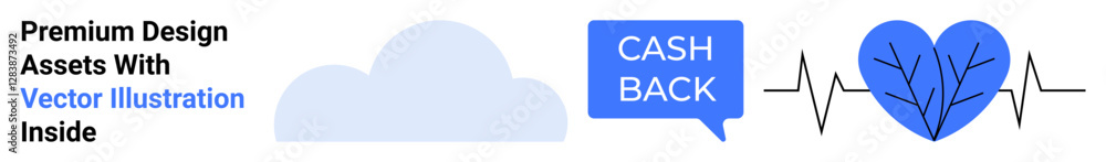 Cloud graphic, speech bubble with cash back, stylized heartbeat with blue heart. Ideal for finance, healthcare, technology, savings, cloud storage e-commerce and digital platforms. Flat landing Cloud graphic, speech bubble with cash back, stylized heartbeat with blue heart. Ideal for finance, healthcare, technology, savings, cloud storage e-commerce and digital platforms. Flat landing