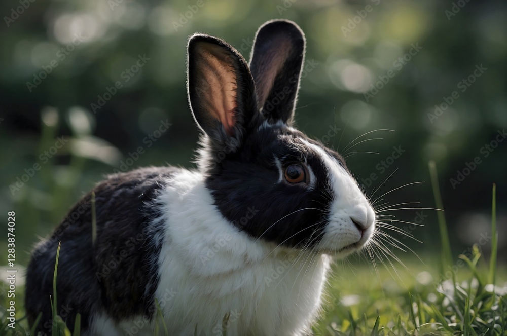 Fototapeta premium The rabbit is black and white with long ears.