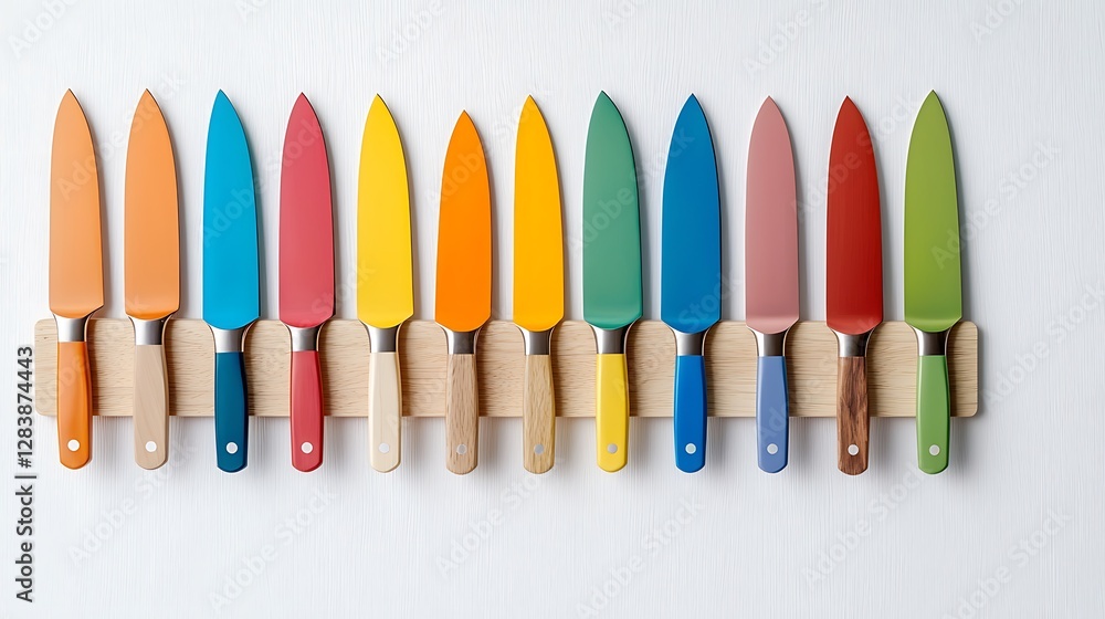 Naklejka premium Colorful Kitchen Knives Displayed in a Row with Wooden Knife Rack on White Background for Culinary Use