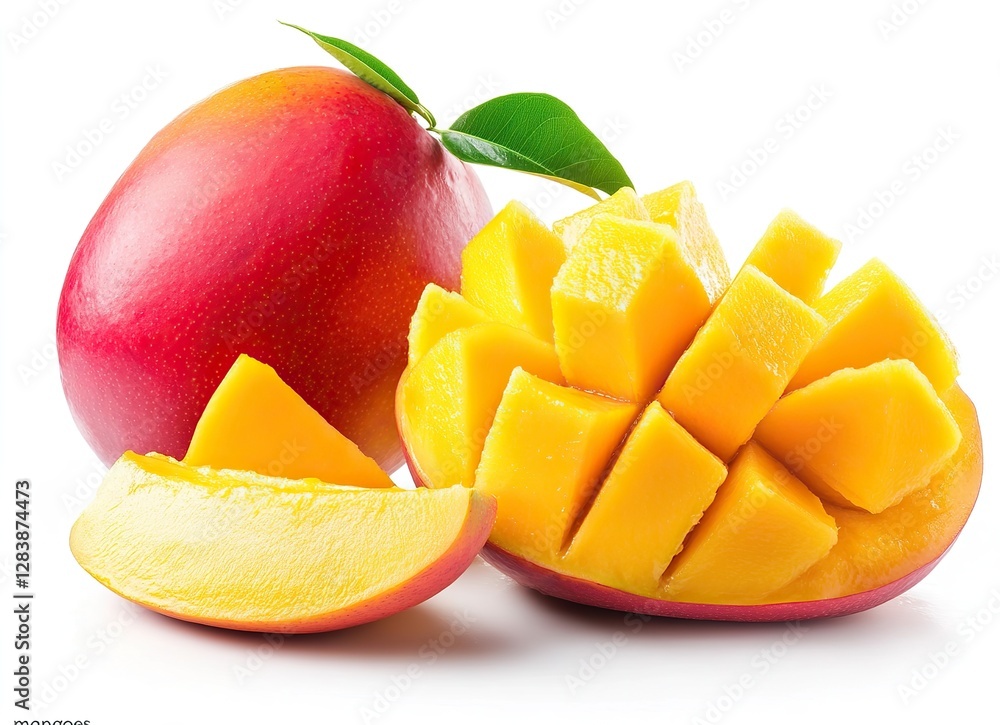 Mango with Slices Isolated on White Background, High-Resolution Photography, Ultra-Realistic Photo, Copy Space