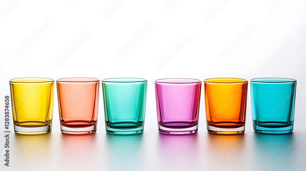 Colorful Transparent Glasses in a Row on White Background Showcasing Vibrant Hues for Creative Use Colorful Transparent Glasses in a Row on White Background Showcasing Vibrant Hues for Creative Use