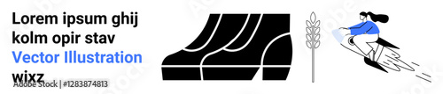 Stylized black shapes of plowed fields, wheat stalk, and person flying futuristic farming equipment. Ideal for agriculture, innovation, sustainability, technology, food production, growth flat