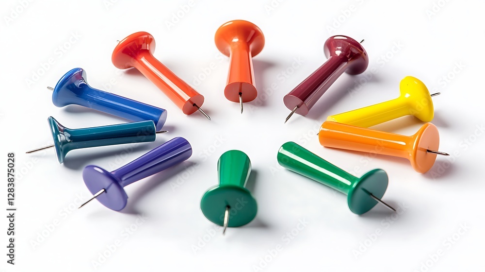 Colorful Pushpins Arranged in Circular Pattern on White Background for Office Supplies and Organization Colorful Pushpins Arranged in Circular Pattern on White Background for Office Supplies and Organization