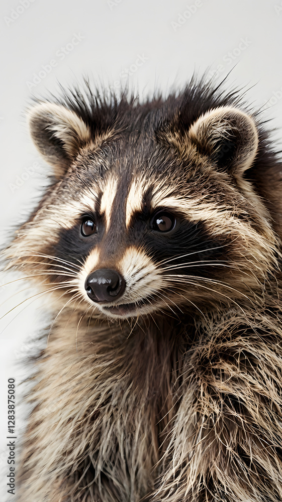 Raccoon's Portrait: A captivating portrait of a raccoon, showcasing its intelligent eyes and distinctive bandit mask against a softly blurred background. Raccoon's Portrait: A captivating portrait of a raccoon, showcasing its intelligent eyes and distinctive bandit mask against a softly blurred background.