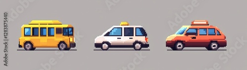 Pixel Art Vehicles School Bus Taxi and Family Car Illustration