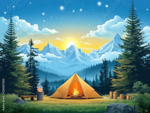 A captivating isometric scene of a campsite featuring a tent and a crackling campfire set in a serene forest with majestic mountains in the distance evoking outdoor adventure. photo