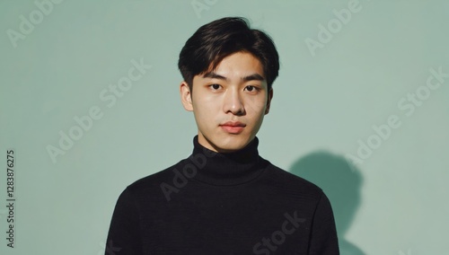 Young man portrait against mint green background photo