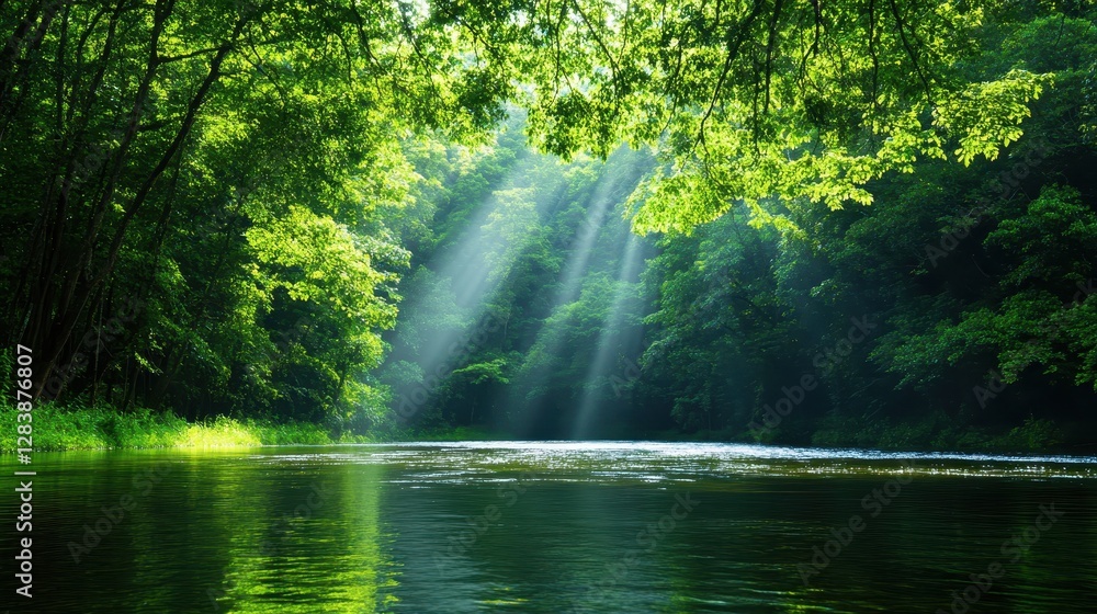 Serene River Flowing Through Lush Green Forest with Soft Light Serene River Flowing Through Lush Green Forest with Soft Light